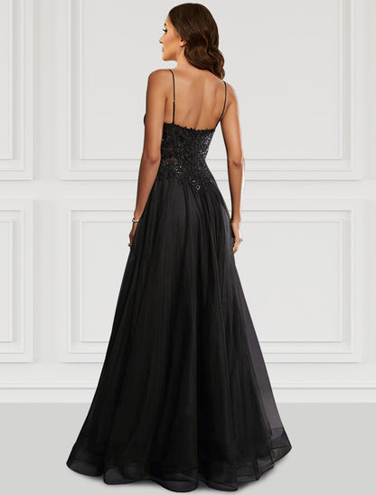 A-Line Prom Dresses Black Dress Party Wear Floor Length Sleeveless Spaghetti Strap Tulle with Glitter Slit