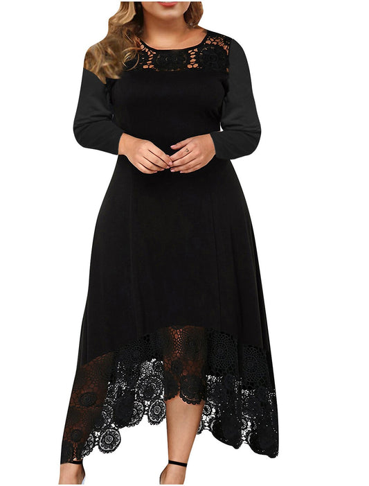 A-Line Cocktail Dresses Elegant Dress Wedding Guest Party Wear Ankle Length Long Sleeve Jewel Neck Spandex with Lace Insert Pure Color