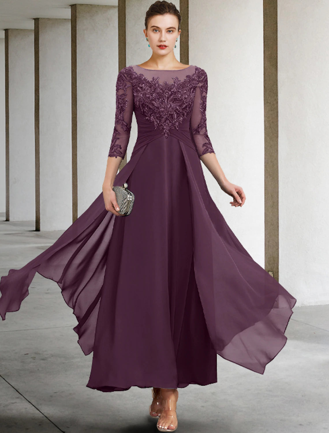 A-Line Mother of the Bride Dress Wedding Guest Elegant Plus Size Jewel Neck Ankle Length Chiffon Lace 3/4 Length Sleeve with Ruched Sequin Appliques