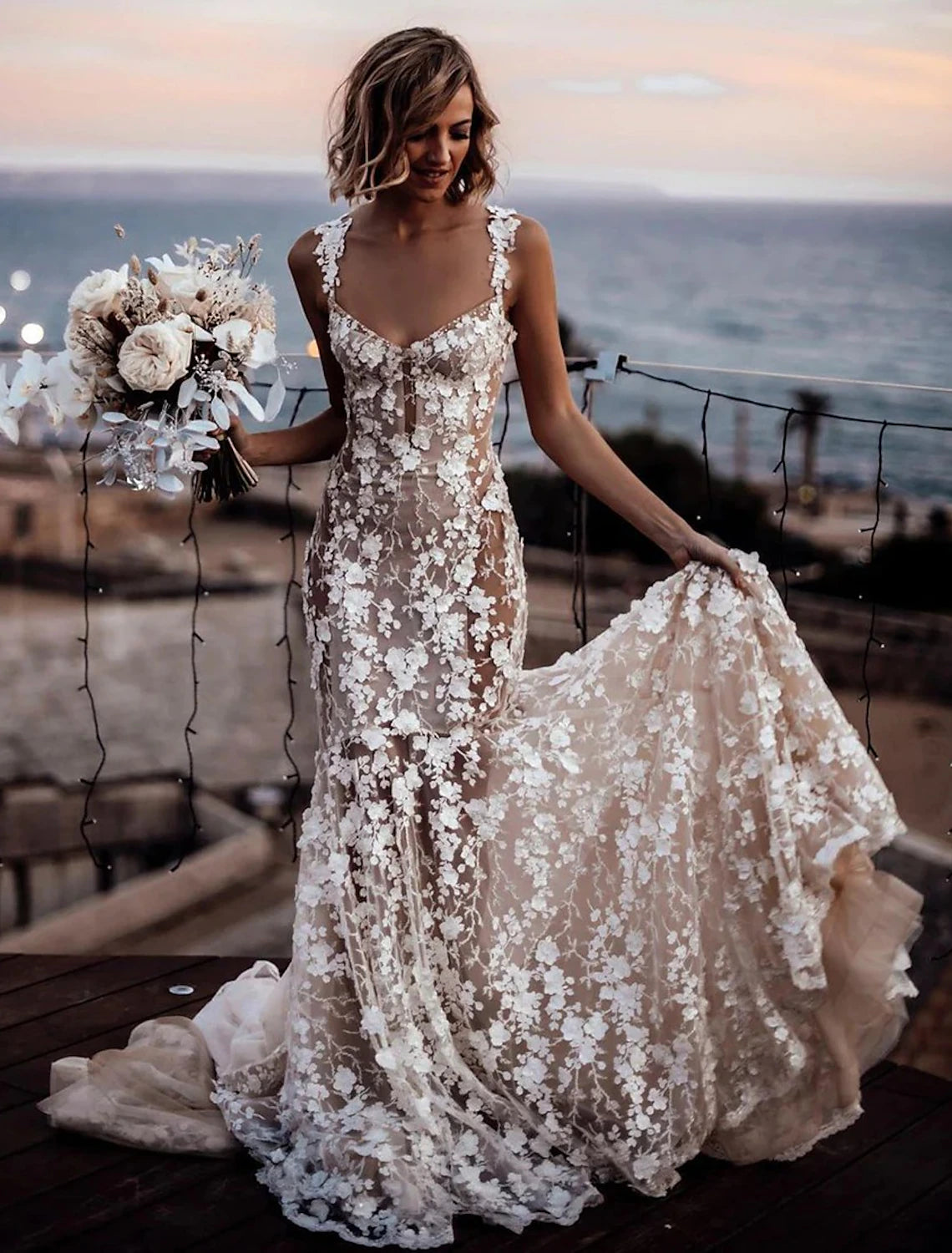 Beach Sexy Boho Wedding Dresses Mermaid / Trumpet Sweetheart Regular Straps Court Train Lace Bridal Gowns With Appliques Summer Fall Wedding Party 2024, Women's Clothing