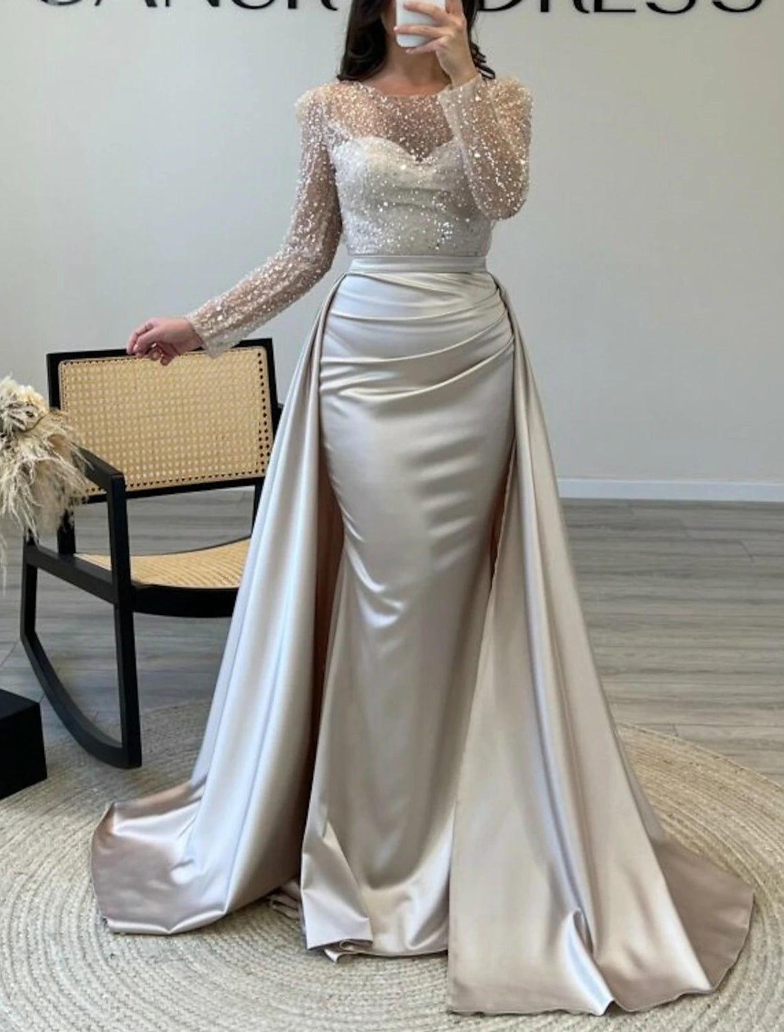 Mermaid Sequin Evening Gown Ruched Satin Dress Long Sleeves Floor Leng