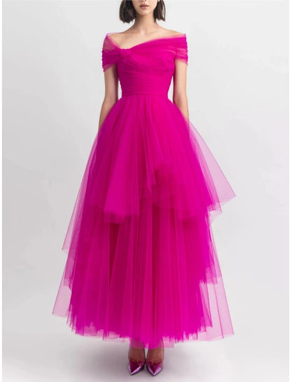 A-Line Evening Gown Party Dress Puffy Dress Formal Fall Ankle Length Short Sleeve Off Shoulder Tulle with Pleats Ruched 2024