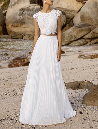 Beach Boho Wedding Dresses Two Piece Scoop Neck Sleeveless Floor Length Chiffon Bridal Suits Bridal Gowns With Appliques Solid Color