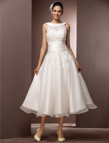 Hall Wedding Dresses A-Line Illusion Neck Sleeveless Tea Length Lace Bridal Gowns With Pearl Beading  Summer Wedding Party  Women's Clothing