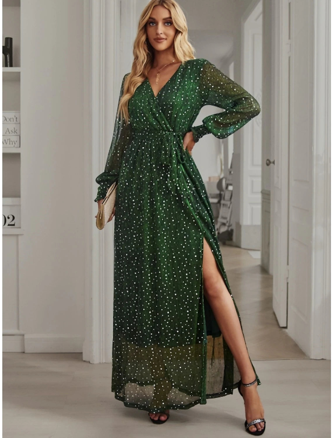 A-Line Party Dresses Sparkle & Shine Dress Birthday Fall Ankle Length Long Sleeve V Neck Chiffon with Glitter Sequin Slit