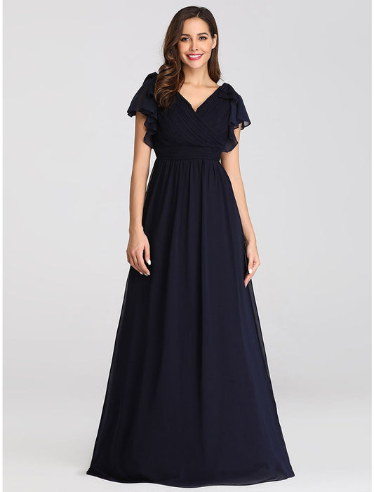 A-Line Mother of the Bride Dress Plus Size V Neck Floor Length Chiffon Short Sleeve with Ruffles Ruching