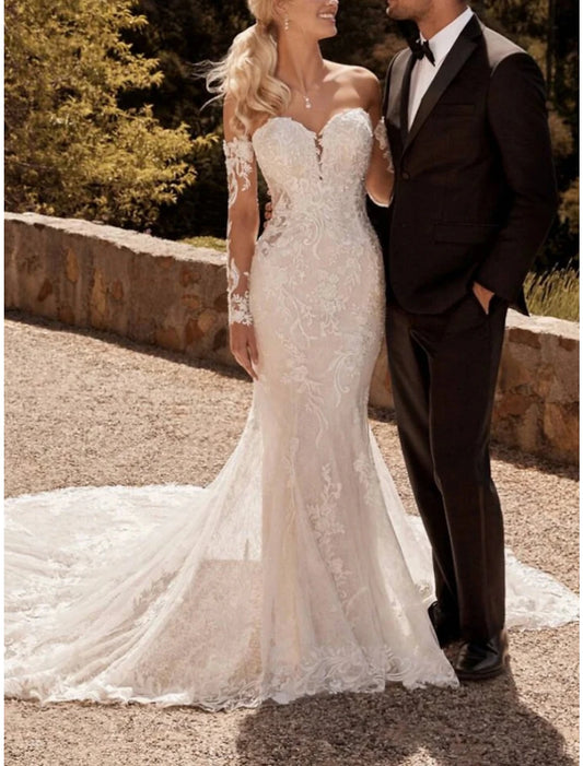 Formal Wedding Dresses Mermaid / Trumpet Sweetheart Long Sleeve Court Train Lace Bridal Gowns With Pleats Solid Color