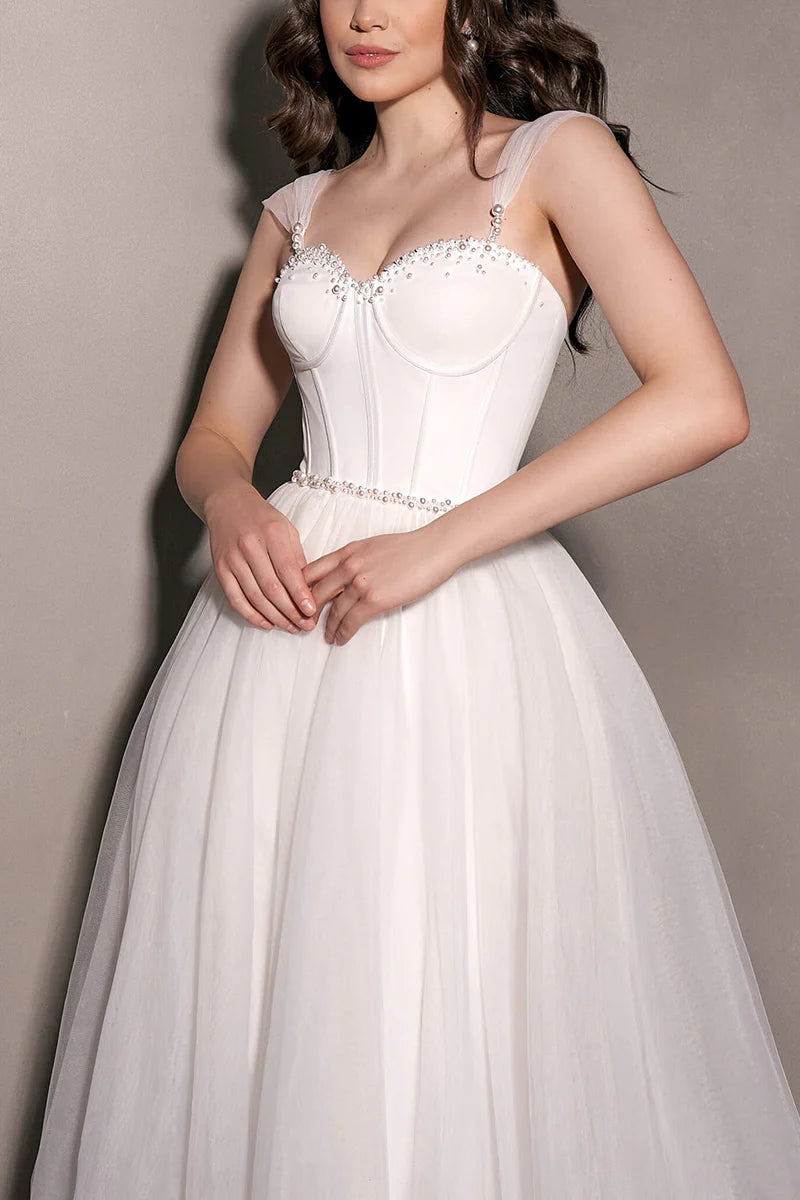 A Line Sweetheart Pearl sheer minimalist wedding dress