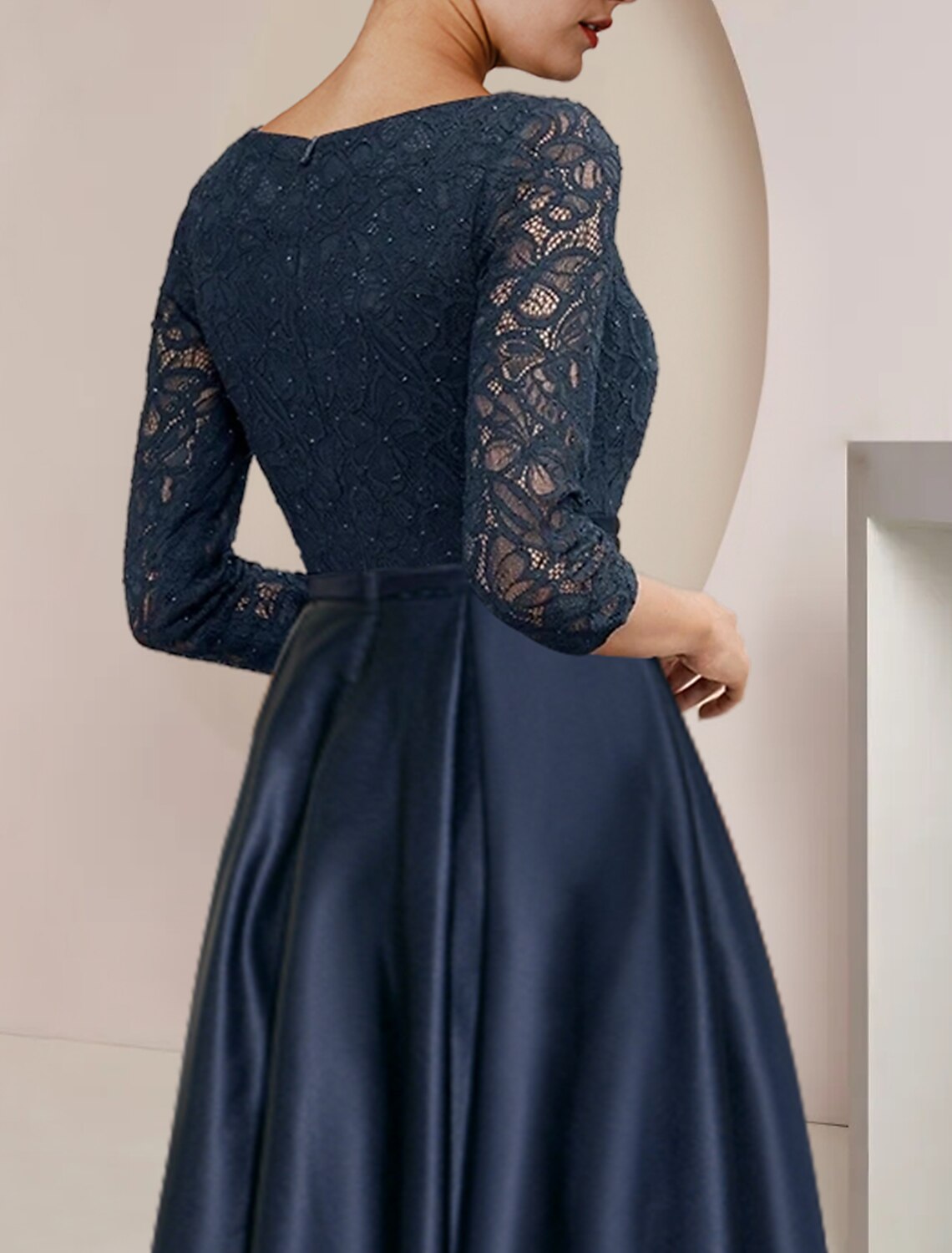 A-Line Mother of the Bride Dress Formal Wedding Guest Elegant High Low Scoop Neck Asymmetrical Tea Length Satin Lace 3/4 Length Sleeve with Pleats Beading