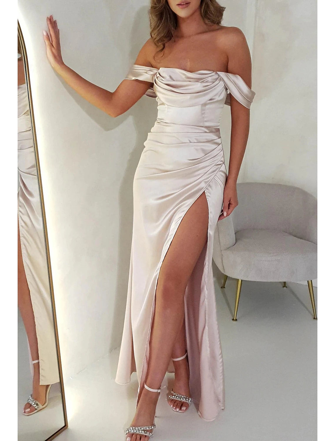 A-Line Prom Dresses Elegant Dress Prom Semi Formal Floor Length Sleeveless Off Shoulder Satin with Ruched