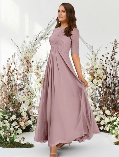 A-Line Evening Gown Elegant Dress Wedding Guest Formal Evening Floor Length Half Sleeve Jewel Neck Chiffon with Pleats Ruched