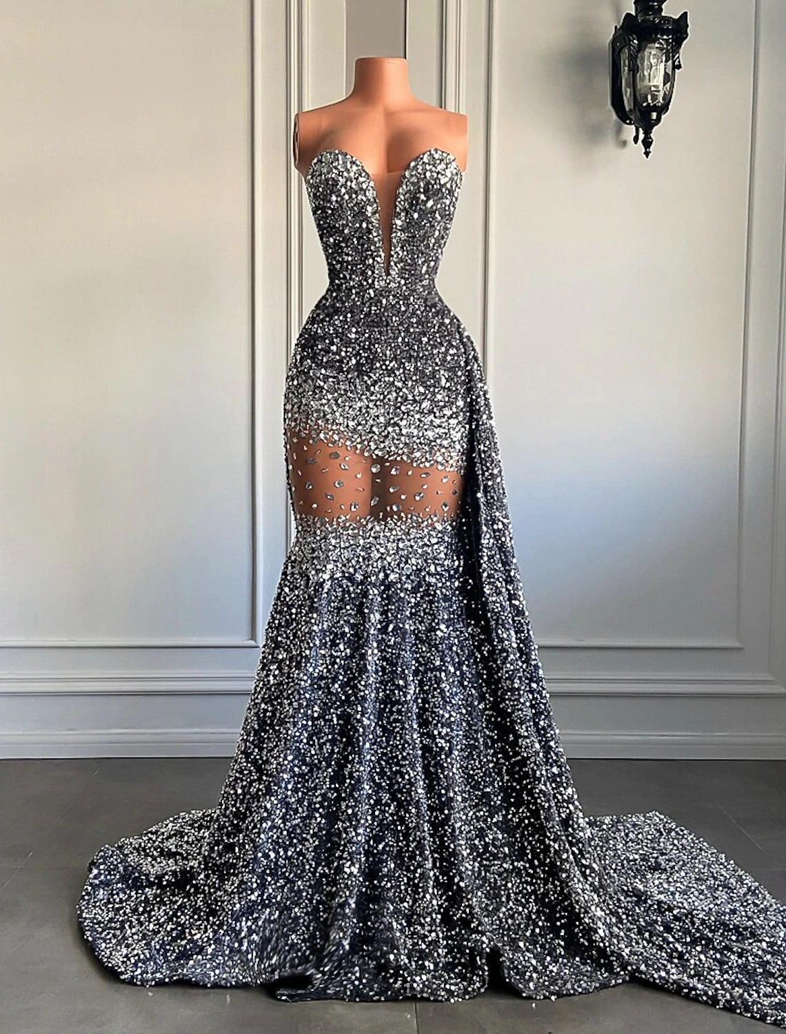 Mermaid / Trumpet Evening Gown Sparkle & Shine Dress Carnival Formal Court Train Sleeveless Strapless African American Sequined with Beading Sequin