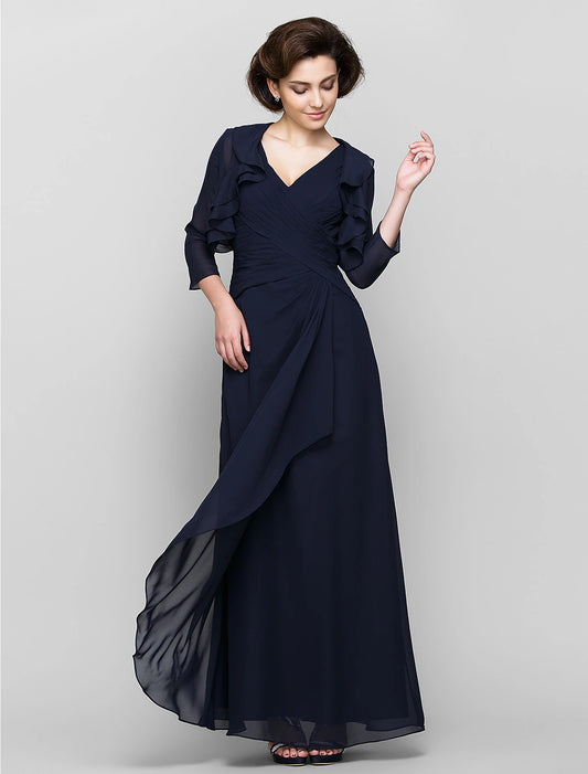 Sheath / Column Mother of the Bride Dress Convertible Dress V Neck Floor Length Chiffon 3/4 Length Sleeve with Criss Cross Cascading Ruffles