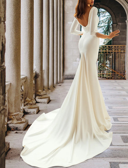 Formal Wedding Dresses Mermaid / Trumpet V Neck Long Sleeve Court Train Satin Bridal Gowns With Crystals Beading