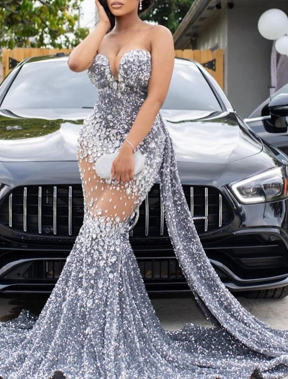 Mermaid / Trumpet Evening Gown Sparkle & Shine Dress Carnival Formal Court Train Sleeveless Strapless African American Sequined with Beading Sequin