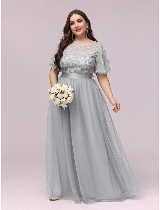 A-Line Prom Dresses Floral Dress Wedding Guest Party Wear Floor Length Short Sleeve Jewel Neck Bridesmaid Dress Tulle with Embroidery Splicing