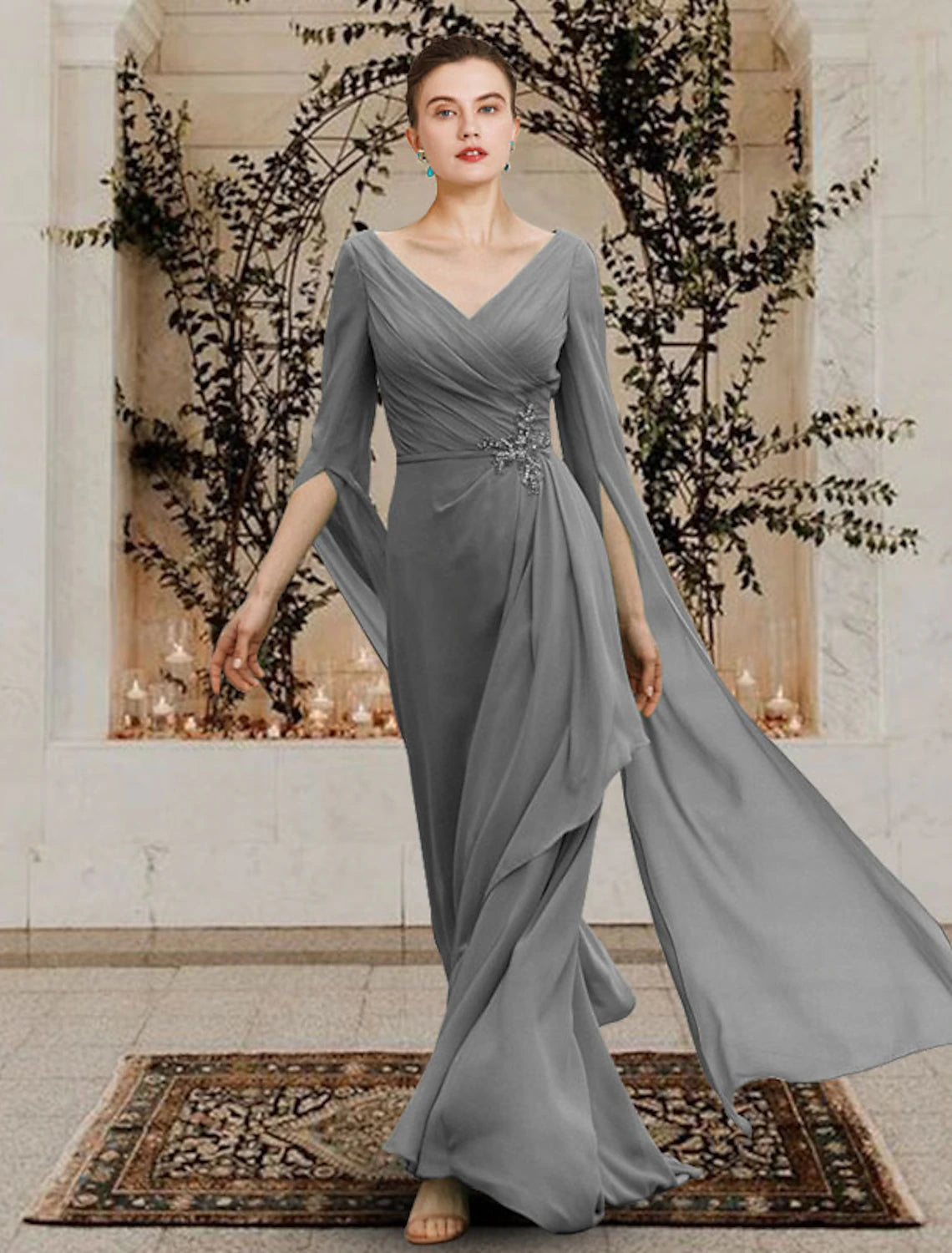 Sheath / Column Mother of the Bride Dress Elegant V Neck Floor Length Chiffon Half Sleeve with Beading Side-Draped