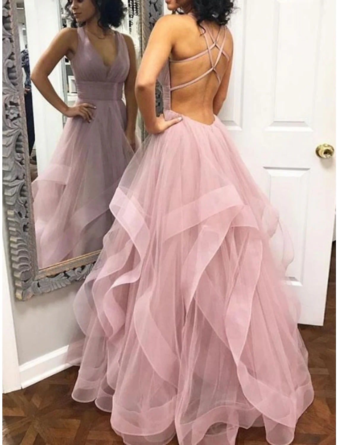 Ball Gown Prom Dresses Tiered Plisse Dress Wedding Guest Quinceanera Floor Length Sleeveless V Neck Organza Backless with Criss Cross Ruffles 2024