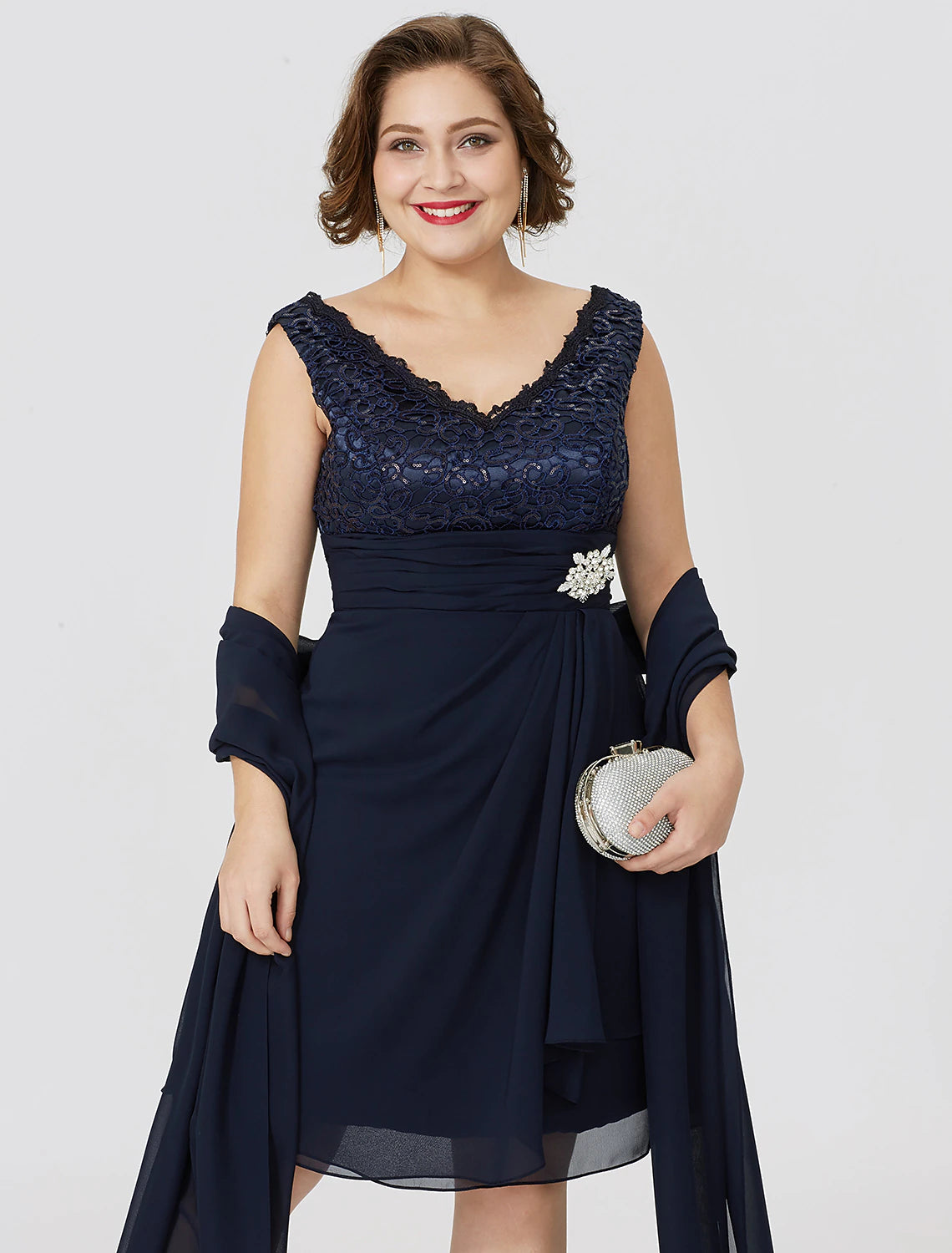 A-Line Mother of the Bride Dress Classic & Timeless Plus Size Wrap Included V Neck Knee Length Chiffon Lace Sleeveless yes with Ruched Crystal Brooch