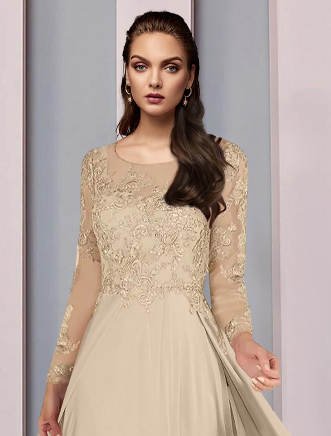 A-Line Mother of the Bride Dress Wedding Guest Party Elegant Scoop Neck Floor Length Chiffon Half Sleeve with Lace Ruching