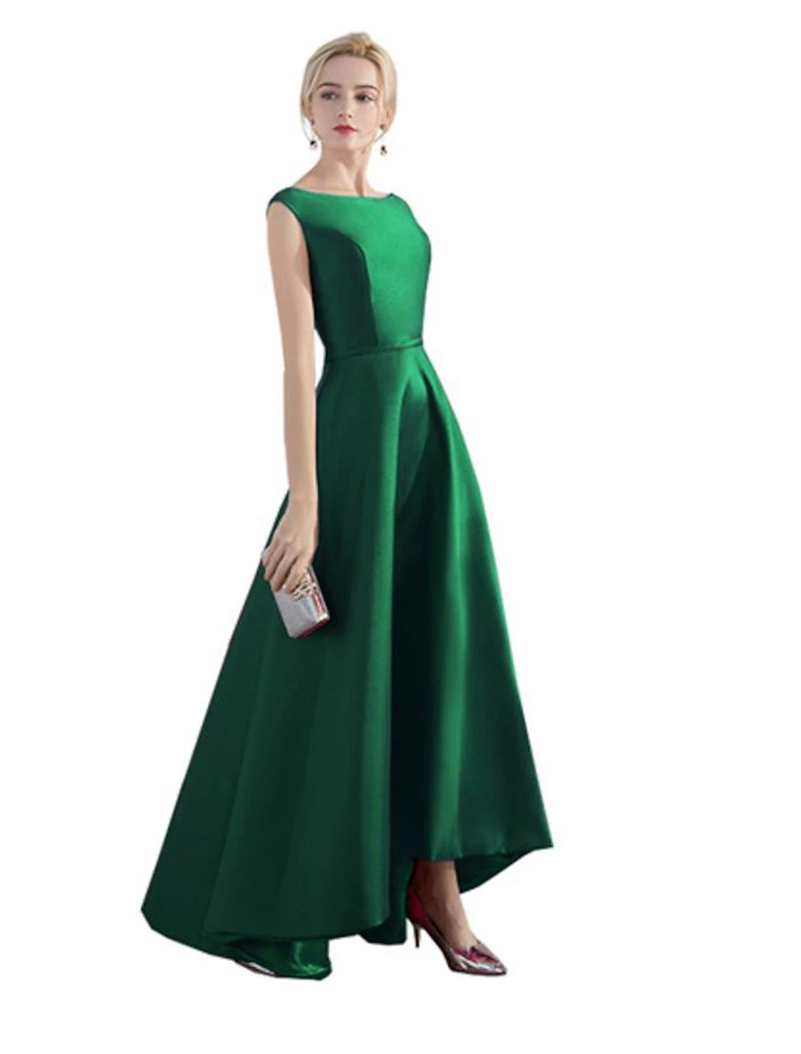 A-Line Evening Gown Red Green Dress Wedding Guest Party Wear Asymmetrical Sleeveless Jewel Neck Satin with Sleek