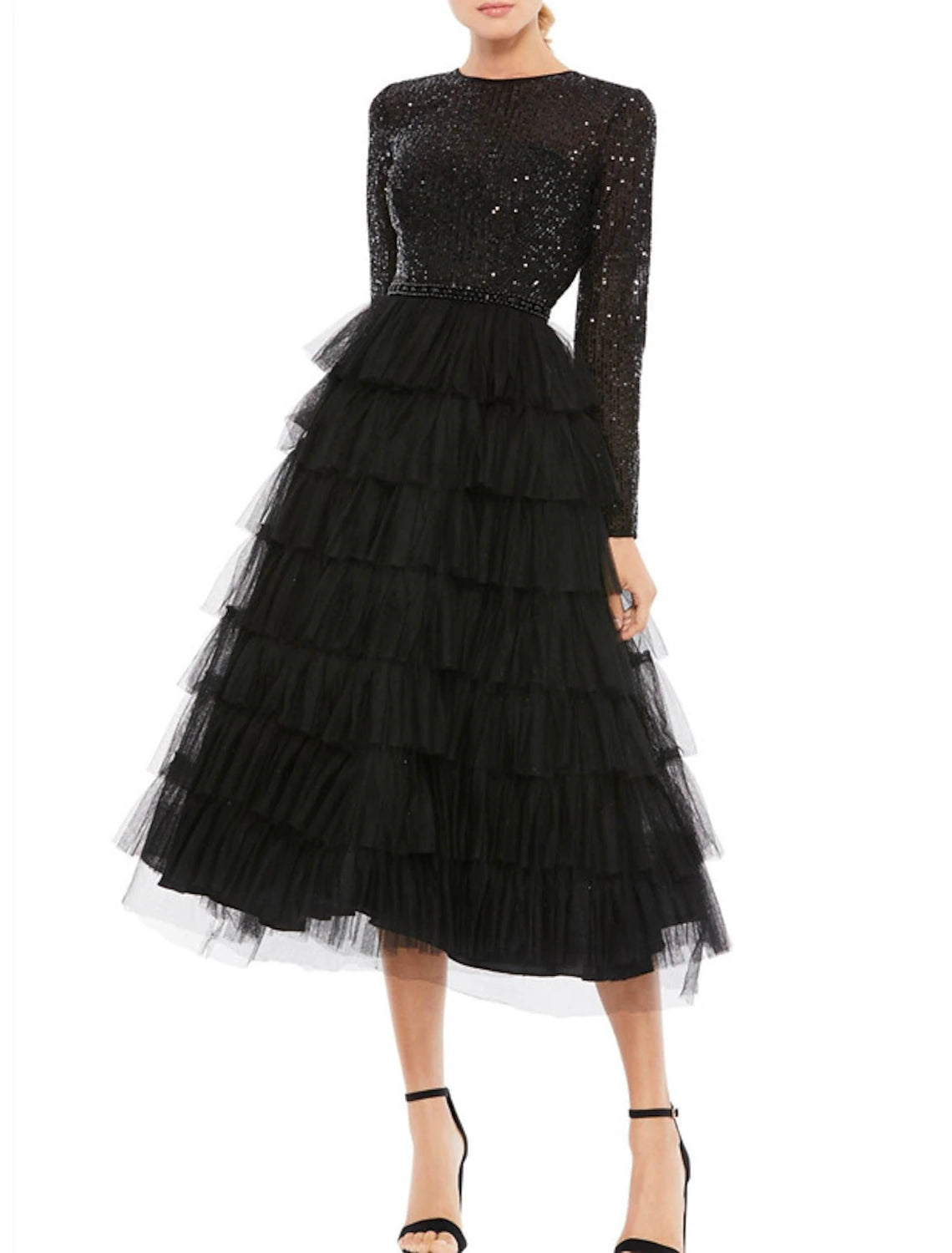 A-Line Cocktail Dresses Sparkle Black Dress Plus Size Party Wear Wedding Guest Tea Length Long Sleeve Jewel Neck Fall Wedding Guest Tulle with Sequin Tiered 2024