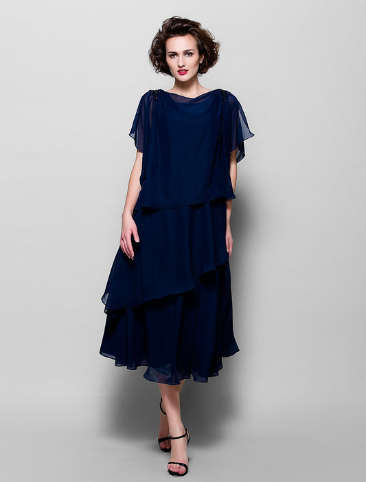 A-Line Mother of the Bride Dress Plus Size Elegant Cowl Neck Tea Length Chiffon Short Sleeve with Ruffles Crystal Brooch A-Line Mother of the Bride Dress Plus Size Elegant Cowl Neck Tea Length Chiffon Short Sleeve with Ruffles Crystal Brooch