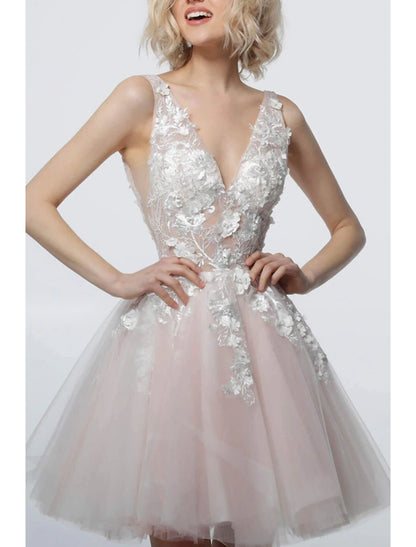 A-Line Cocktail Dresses Cute Dress Graduation Quinceanera Short / Mini Sleeveless V Neck Tulle with Appliques