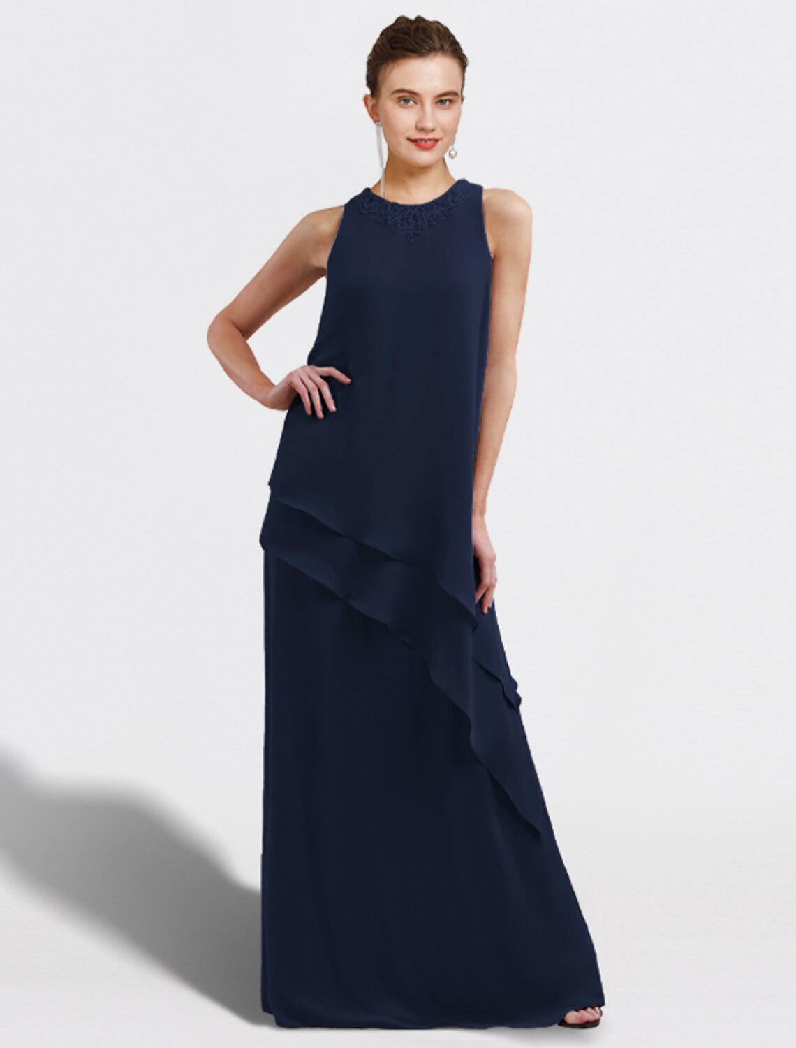 Two Piece A-Line Mother of the Bride Dress Plus Size Elegant Jewel Neck Floor Length Chiffon Sleeveless Wrap Included with Ruffles Appliques