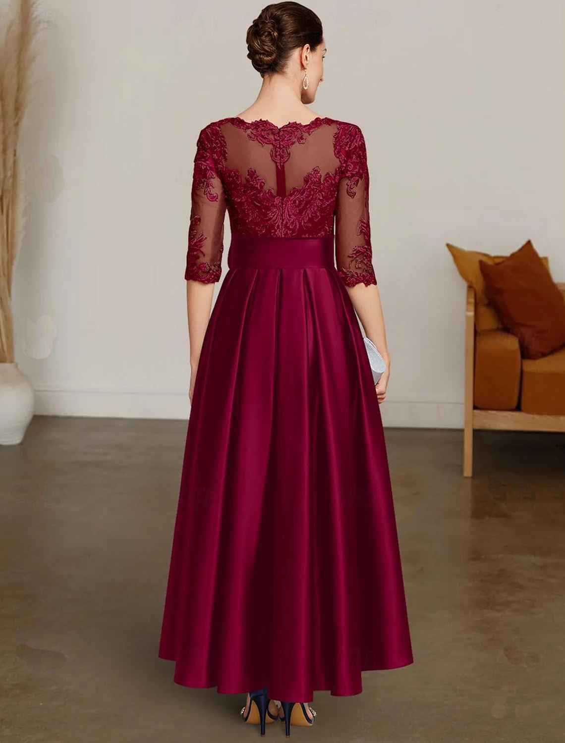 A-line Christmas dress bride's mother's dress formal wedding guests elegant high-low boat collar asymmetrical satin lace 3/4 long sleeves with lace belt/ribbon 2024