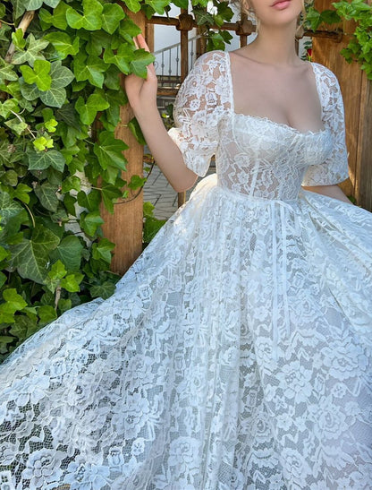 Reception Little White Dresses Wedding Dresses A-Line Sweetheart Half Sleeve Tea Length Lace Bridal Gowns With Appliques Solid Color