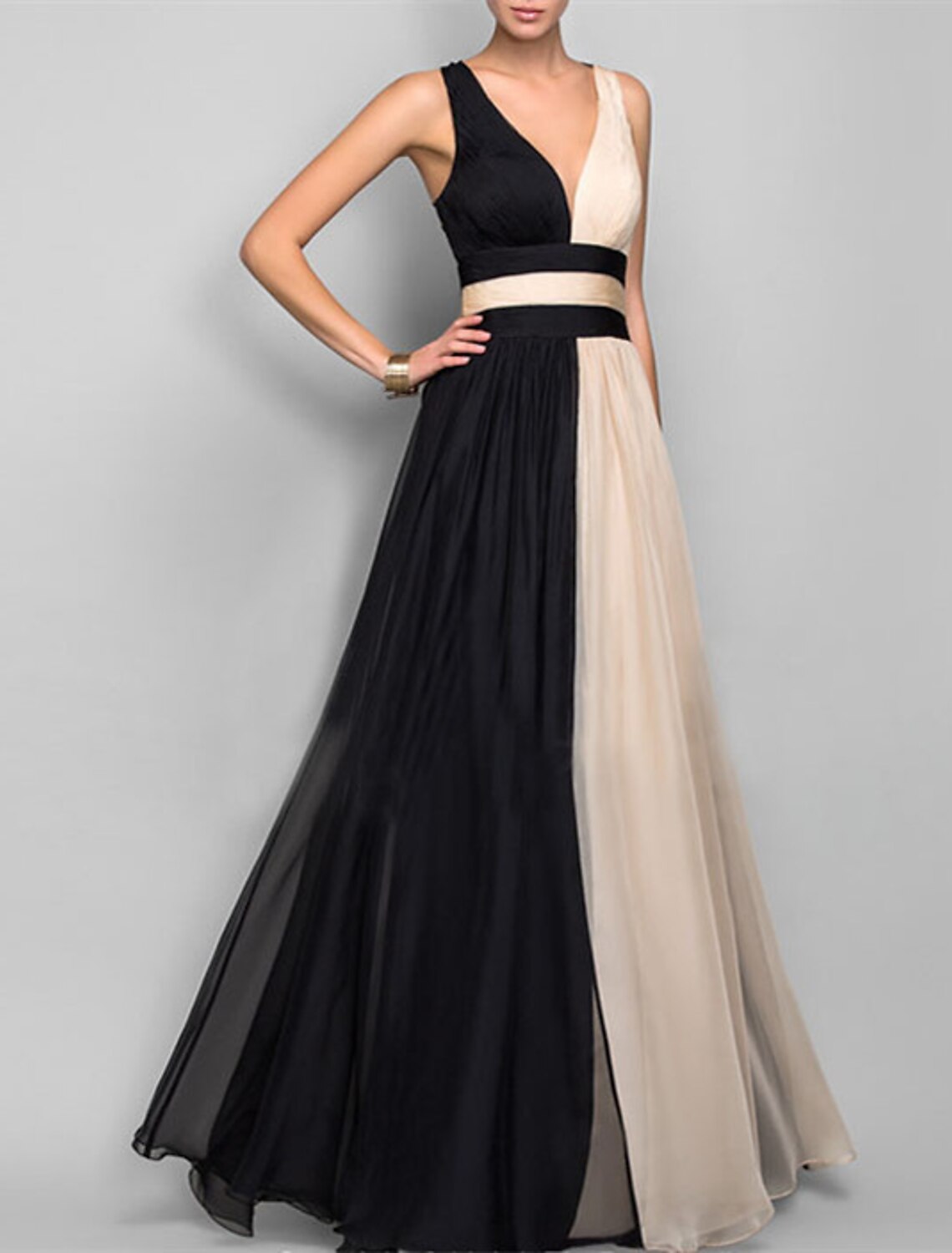 A-Line Evening Gown Color Block Dress Wedding Reception Floor Length Sleeveless V Neck Chiffon with Ruched