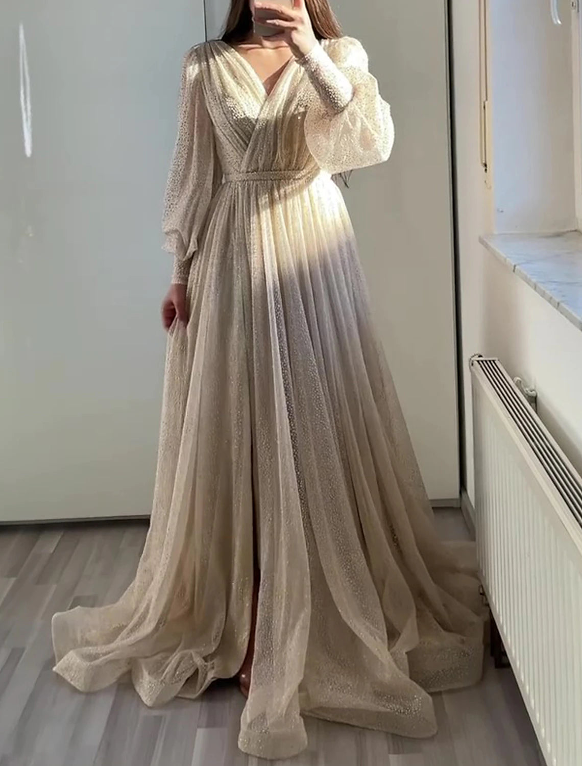 A-Line Prom Dresses Glittering Dress Formal Black Tie Floor Length Long Sleeve V Neck Fall Wedding Guest Tulle with Ruched 2024