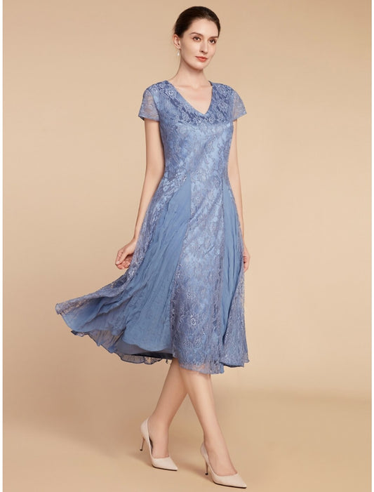 A-Line Mother of the Bride Dress Wedding Guest Elegant Petite V Neck Knee Length Chiffon Lace Short Sleeve with Ruching Solid Color