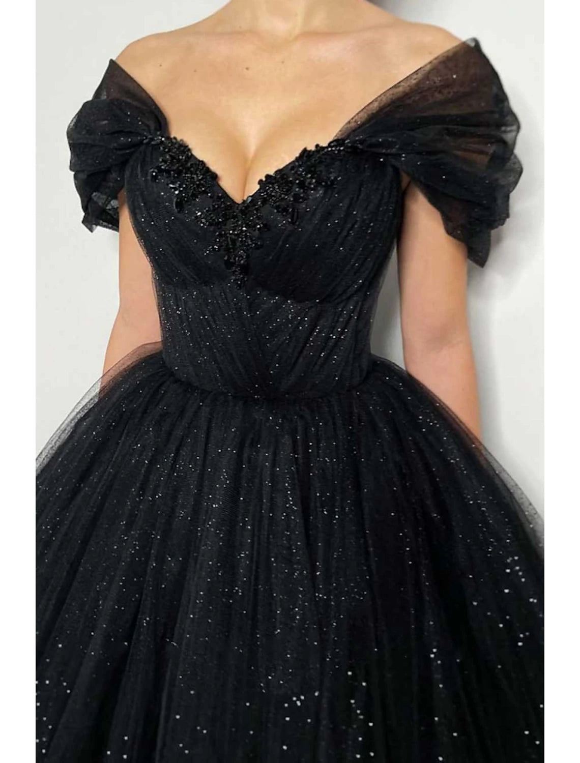 A-Line Prom Dresses Elegant Dress Formal Floor Length Black Dress Short Sleeve Off Shoulder Tulle with Pleats Beading Sequin 2024