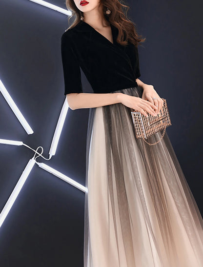 A-Line Minimalist Gradient Engagement Formal Evening Dress V Neck Half Sleeve Floor Length Tulle with Sleek