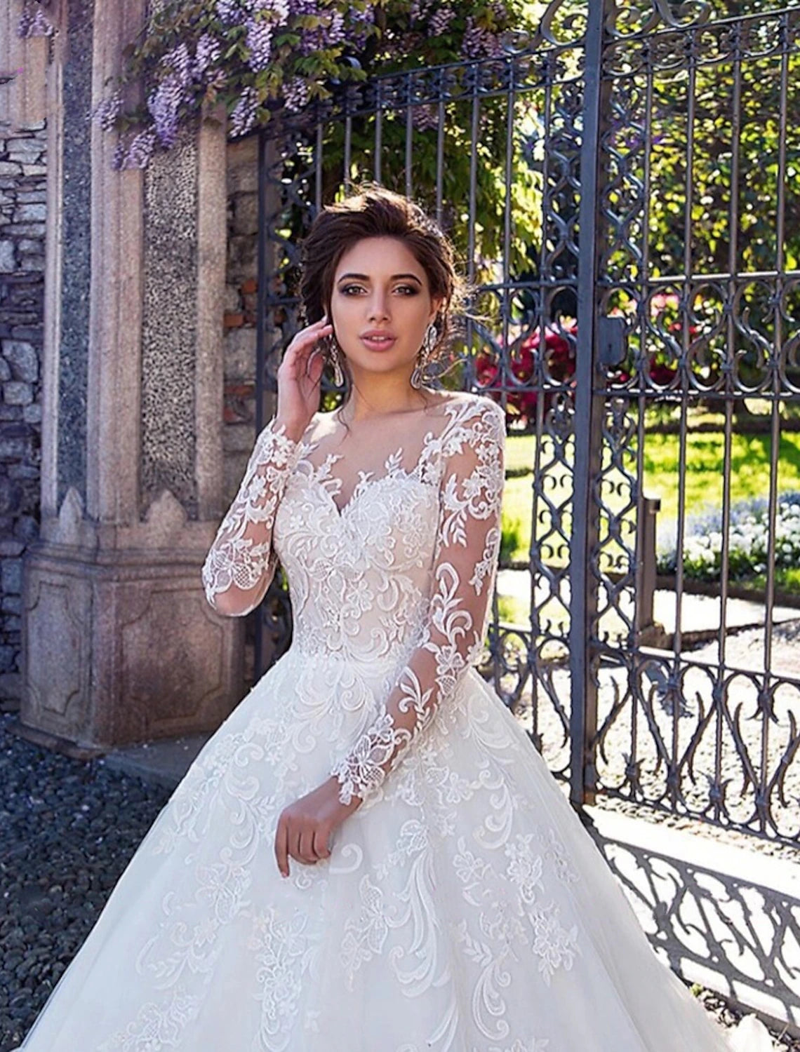 Engagement Formal Fall Wedding Dresses Ball Gown Illusion Neck Long Sleeve Court Train Lace Bridal Gowns With Lace Appliques Summer Wedding Party  Women‘s Clothing