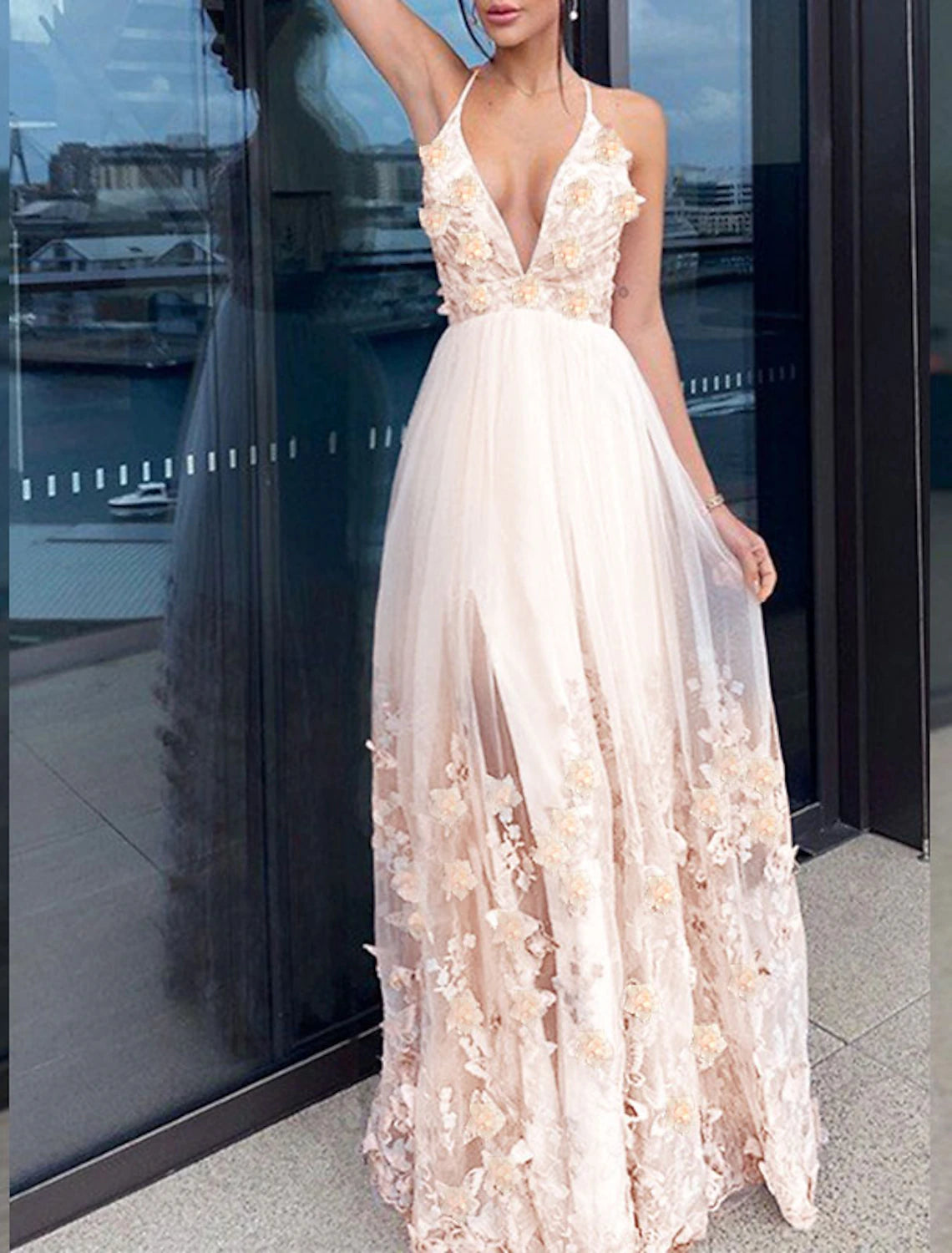 A-Line Evening Gown Party Dress Floral Dress Homecoming Wedding Guest Floor Length Short Sleeve V Neck Tulle with Draping Appliques