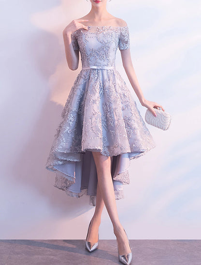 A-Line Cocktail Dresses Minimalist Dress Wedding Guest Homecoming Asymmetrical Short Sleeve Off Shoulder Tulle with Bow(s) Pleats