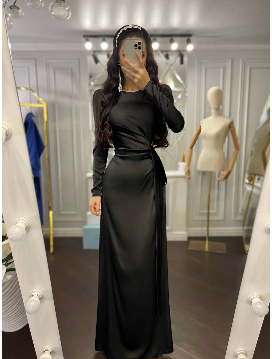 Sheath Party Dress Evening Gown Elegant Dress Wedding Guest Fall Floor Length Long Sleeve High Neck Bridesmaid Dress Satin with Ruched 2024