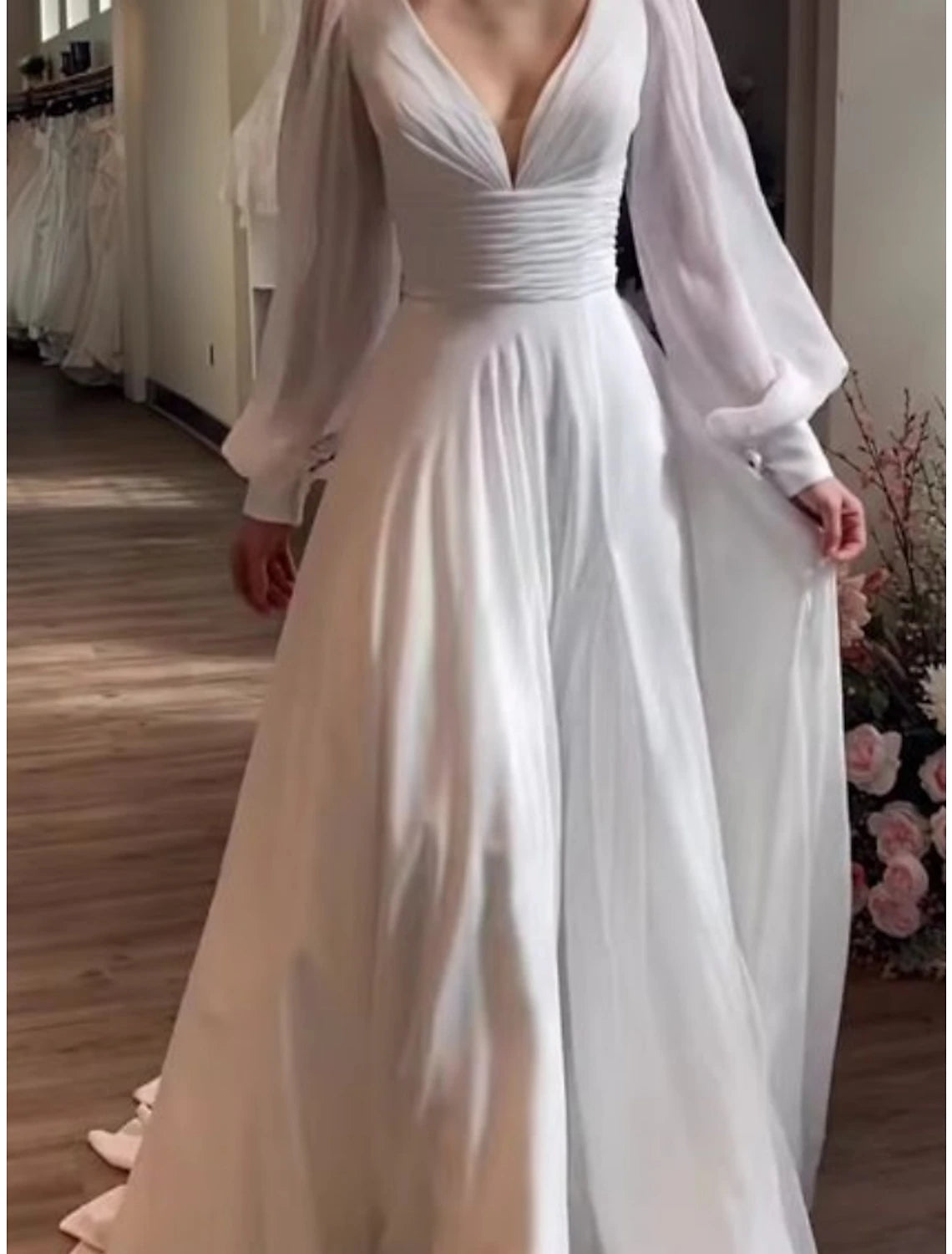 Simple Wedding Dresses Wedding Dresses A-Line Off Shoulder Cap Sleeve Tea Length Satin Bridal Gowns With Pleats Solid Color