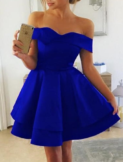 A-Line Cocktail Dresses Elegant Dress Homecoming Graduation Short / Mini Sleeveless Off Shoulder Satin with Draping