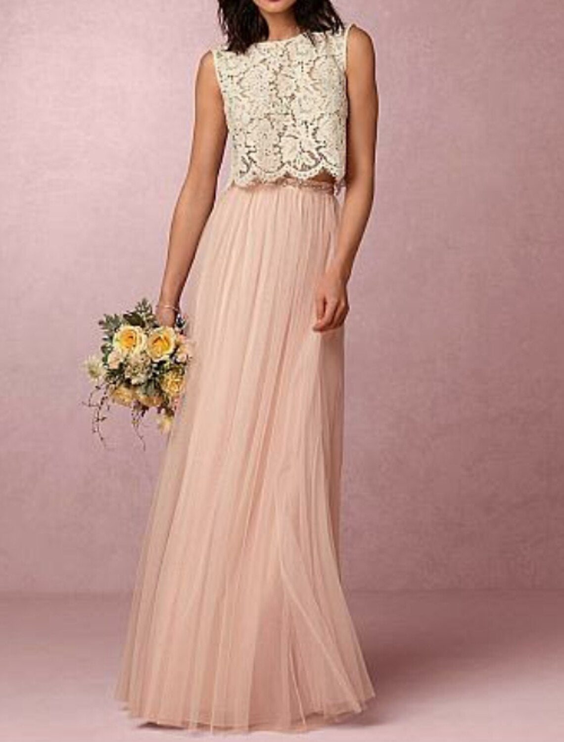 A-Line Bridesmaid Dress Jewel Neck Sleeveless Two Piece Floor Length Chiffon / Lace with Pleats