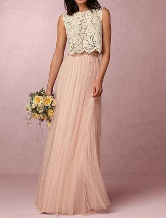 A-Line Bridesmaid Dress Jewel Neck Sleeveless Two Piece Floor Length Chiffon / Lace with Pleats