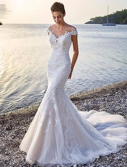 Beach Formal Wedding Dresses Mermaid / Trumpet Scoop Neck Off Shoulder Cap Sleeve Court Train Lace Bridal Gowns With Appliques  Summer Wedding Party Women's Clothing