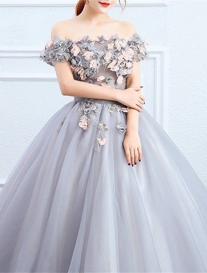 Ball Gown Quinceanera Dresses Princess Dress Performance Sweet 16 Floor Length Short Sleeve Off Shoulder Polyester with Appliques