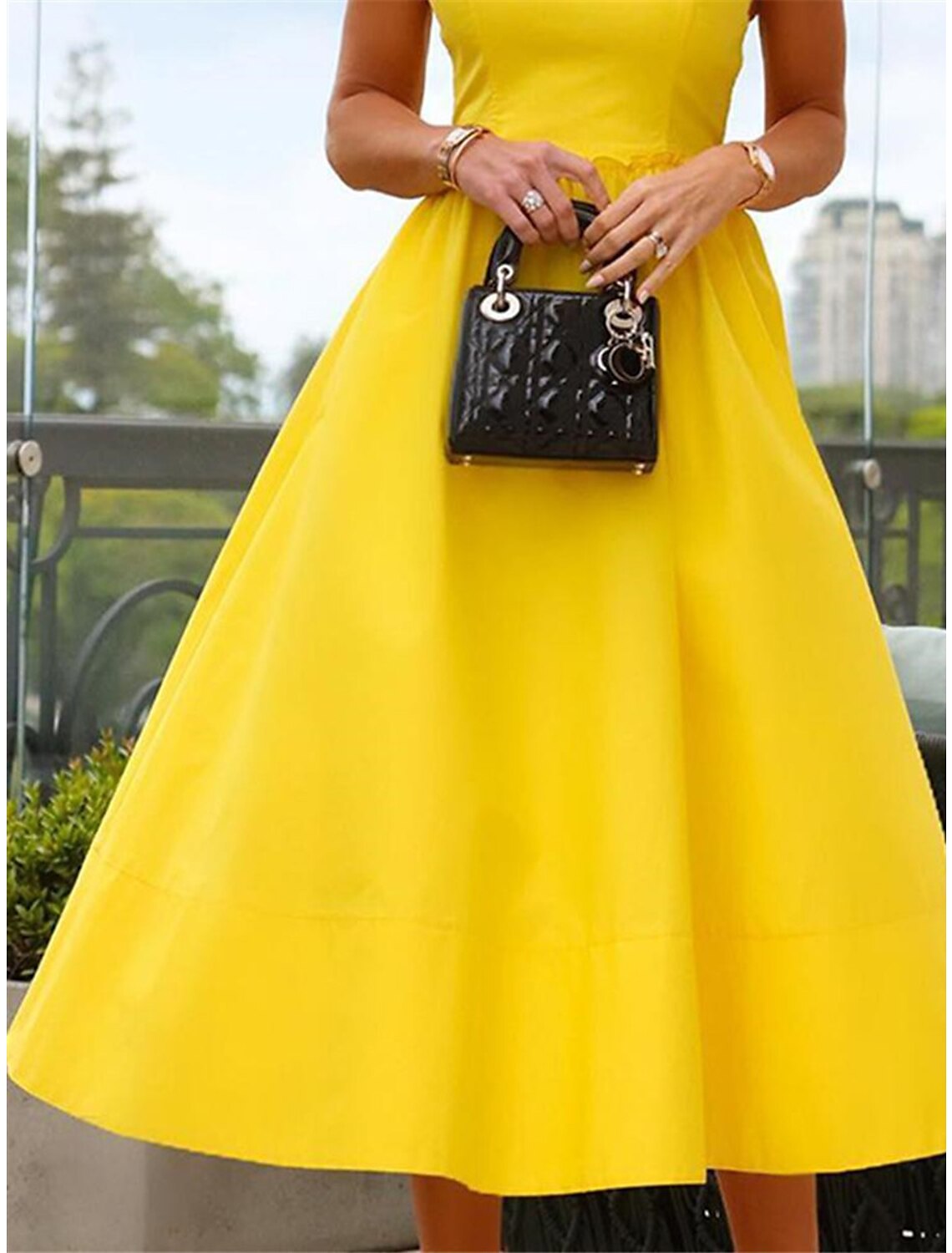 Women's Party Dress Homecoming Dress Cocktail Dress Midi Dress Yellow Sleeveless Pure Color Ruched Summer Spring Crew Neck Fashion Wedding Guest Vacation Summer Dress