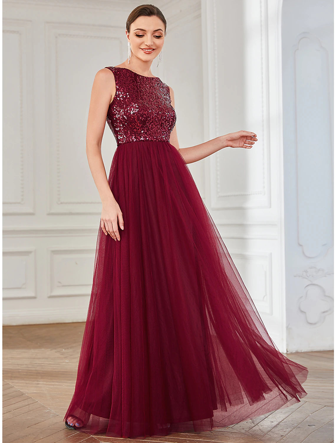 A-Line Party Dresses Sparkle & Shine Dress Wedding Guest Birthday Floor Length Sleeveless Jewel Neck Tulle with Sequin
