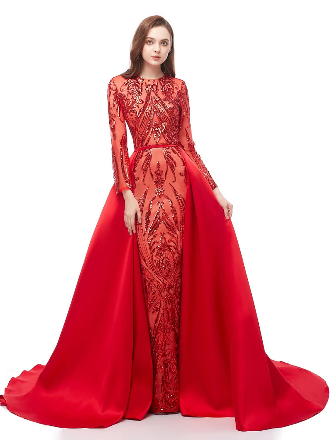 Mermaid Party Dress Evening Gown Luxurious Dress Carnival Wedding Guest Court Train Long Sleeve Jewel Neck Detachable Satin with Sequin Overskirt Pattern / Print