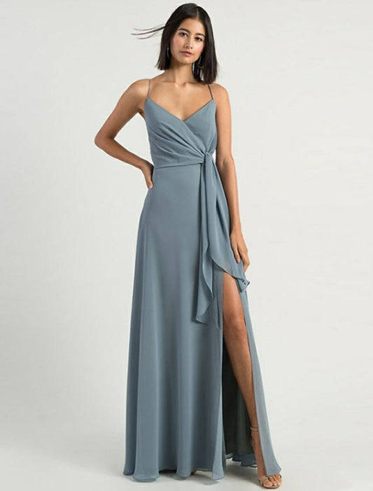 A-Line Bridesmaid Dress Spaghetti Strap Sleeveless Open Back Floor Length Chiffon with Split Front